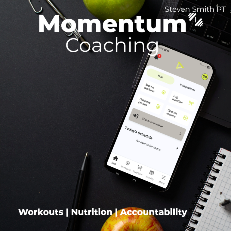 Mobile phone displaying a coaching app alongside an apple and notebook.