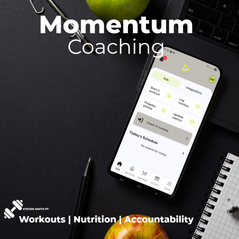 Smartphone displaying the Momentum Coaching app next to an apple and notebook.