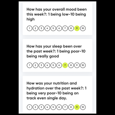 Weekly Online Coaching Check-In Weekly online coaching check-in screenshot showing client progress and tailored fitness guidance.