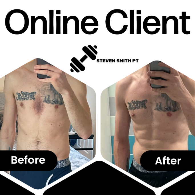 Transformation of a male client's physique before and after fitness training.