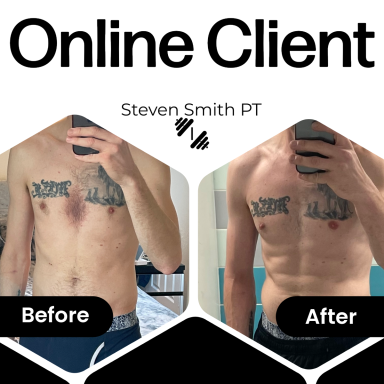 Male Client 4-Week Muscle Toning Male client 4-week transformation front view showing muscle building and improved body tone from Steven Smith PT coaching.